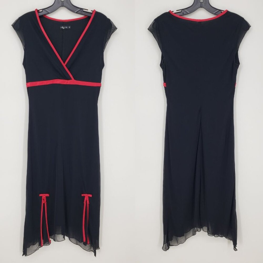 3/$25 Ruby Rox Vintage Y2K Midi Dress S Mesh Satin Trim Bow Detail Black Red